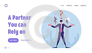 Entrepreneur Making Complicated Decision Website Landing Page. Businessman with Angel and Devil Sitting on Shoulders