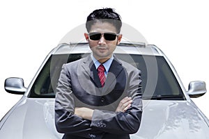 Entrepreneur and new car isolated