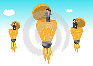 Entrepreneur open lightbulb idea using binoculars to see business vision. Creativity to help see business opportunity, vision to