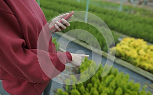 Entrepreneur with a phone in hands stands at the flower market. Young woman owner of a small eco business. Selling