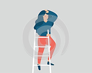 Entrepreneur woman climbs at the top of ladder to looks into the future. Businesswoman searches for business opportunities.