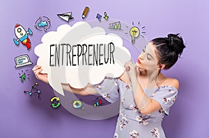 Entrepreneur with woman holding a speech bubble