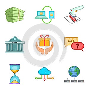Entrepreneurial activity icons set, cartoon style