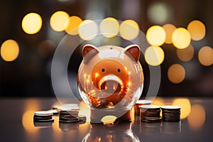 Entrepreneurial foresight coin in piggy bank, illuminating wealth accumulation