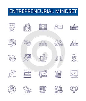 Entrepreneurial mindset line icons signs set. Design collection of Entrepreneurial, Mindset, Vision, Risk Taking