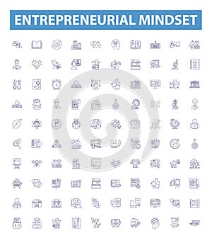 Entrepreneurial mindset line icons, signs set. Entrepreneurial, Mindset, Vision, Risk Taking, Motivated, Drive, Creative