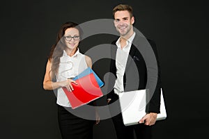 Entrepreneurial relationship. Couple of business partners. Business professionals at work. Sexy woman and handsome man