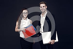 Entrepreneurial relationship. Couple of business partners. Business professionals at work. Sexy woman and handsome man