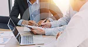 Entrepreneurs and business people conference in modern meeting room, happy multiracial coworkers have fun cooperating working