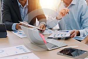 Entrepreneurs and business people conference in modern meeting room, happy multiracial coworkers have fun cooperating working