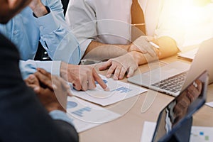 Entrepreneurs and business people conference in modern meeting room, happy multiracial coworkers have fun cooperating working