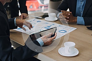 Entrepreneurs and business people conference in modern meeting room, happy multiracial coworkers have fun cooperating working