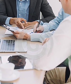 Entrepreneurs and business people conference in modern meeting room, happy multiracial coworkers have fun cooperating working