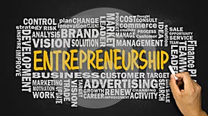 Entrepreneurship with related word cloud handwritten on blackboard photo