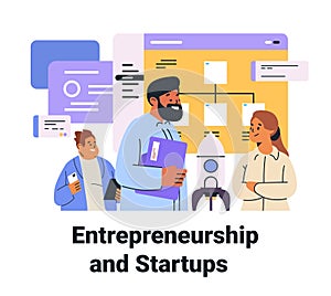 Entrepreneurship and startups concept with diverse team discussing ideas rocket and flowchart vibrant colors modern photo