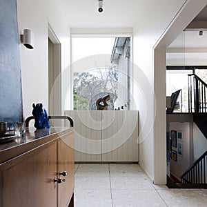 Entry foyer in mid century modern home interior