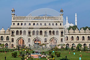 Entry gate to Bara Imambara in Lucknow, Uttar Pradesh state, India. Teele Wali Mosque in the backgroun