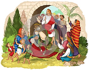 Entry of Our Lord into Jerusalem Palm Sunday. Jesus Christ riding a donkey. Crowds welcome him with palm fronds, spread clothes