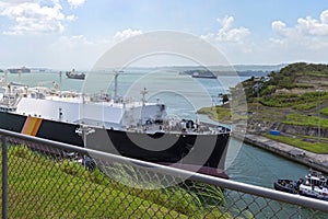 Entry of a ship into the Panama Canal. Colon, Panama