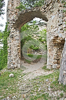 Entry to an old castle ruin in the forest