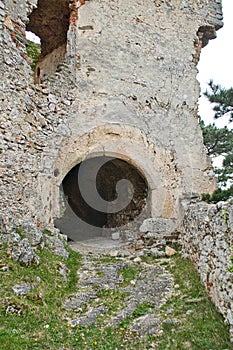 entry to an old castle ruin in the woods