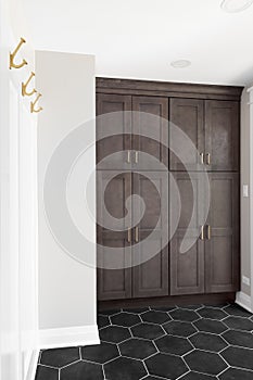 Entryway mudroom with wood cabinets and hexagon tiled floor.