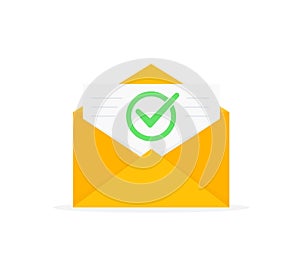 Envelope with approved document icon. E-mail confirmation. Open envelope with a document. New letter. Flat design photo