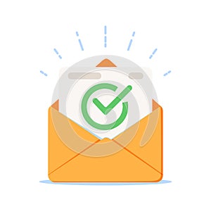 Envelope with approved document icon. Vector illustration of e-mail confirmation.