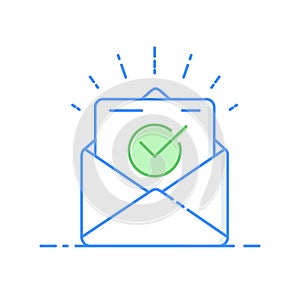 Envelope with approved document thin line icon. Vector illustration of e-mail confirmation. photo