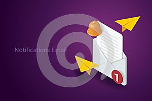 Envelope, bell and yellow paper plane icons on a purple background