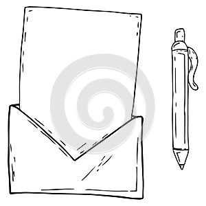 Envelope with a blank sheet of paper icon. Vector of blank paper in envelope. Hand drawn letter in the envelope