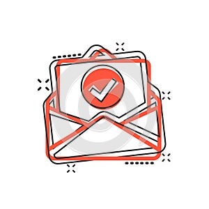 Envelope with confirmed document icon in comic style. Verify cartoon vector illustration on white isolated background. Receive