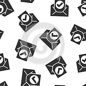 Envelope with confirmed document icon in flat style. Verify vector illustration on white isolated background. Receive seamless