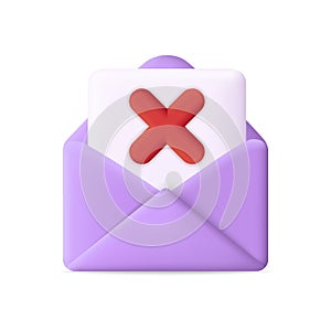 Envelope with cross. 3d icon for unsubscribe. Open paper letter with sign x for phishing and cancel. Design of email for business