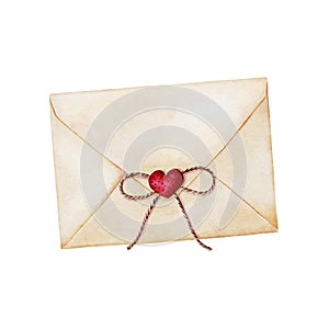 Envelope decorated with string twine rope bow and red heart. Love letter for Valentines day