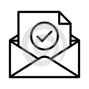 Envelope with document and checkmark icon on white background mail letter