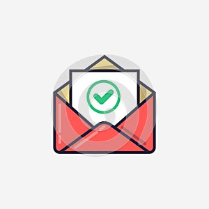 Envelope with document and round green check mark icon. Successful e-mail delivery, email delivery confirmation photo