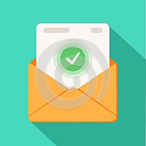 Envelope with document and round green check mark icon. Successful e-mail delivery, email delivery confirmation photo