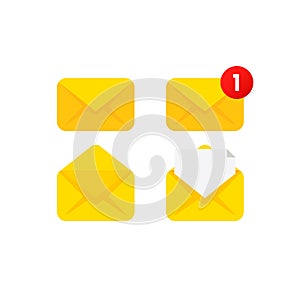 Envelope flat vector icon set. Document enclosed in envelope, closed and open envelope with message. Email, emailing, message, photo