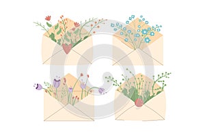 Envelope with flowers bouquet. Spring elements set isolated on white background. Vector flat illustration