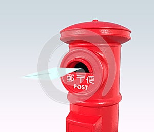 An envelope flying into a red vintage Japanese postbox