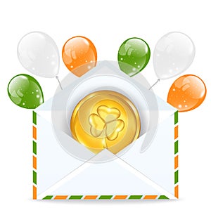 Envelope with golden coin and colorful balloons