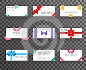 Envelope greeting cards with bows for mobile web apps red gift ribbons icons set flat design vector illustration