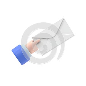 Envelope holding in the hand. Email message concept, sending. Postman gives a letter. Delivery of messages.