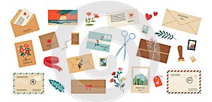 Envelope with letter. Cartoon mail postcards with stamps and flowers. Greeting card postal delivery. Cute elements for