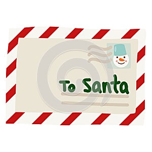 Envelope with letter to Santa Claus, postage stamp with snowman, vector