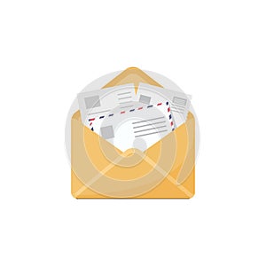 Envelope with letters and documents in flat vector illustration
