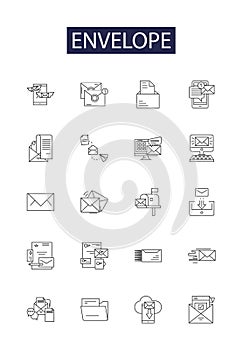 Envelope line vector icons and signs. Mailer, Packet, Pouch, Sack, Envelope, Sheathe, Enclose, Wrap outline vector
