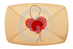 Envelope, love letter with wax seal heart shape rope in cartoon style isolated on white background.