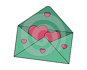 Envelope with a love message. Hearts in a letter. Colored vector illustration. Message to loved ones. Delivery of a postcard.